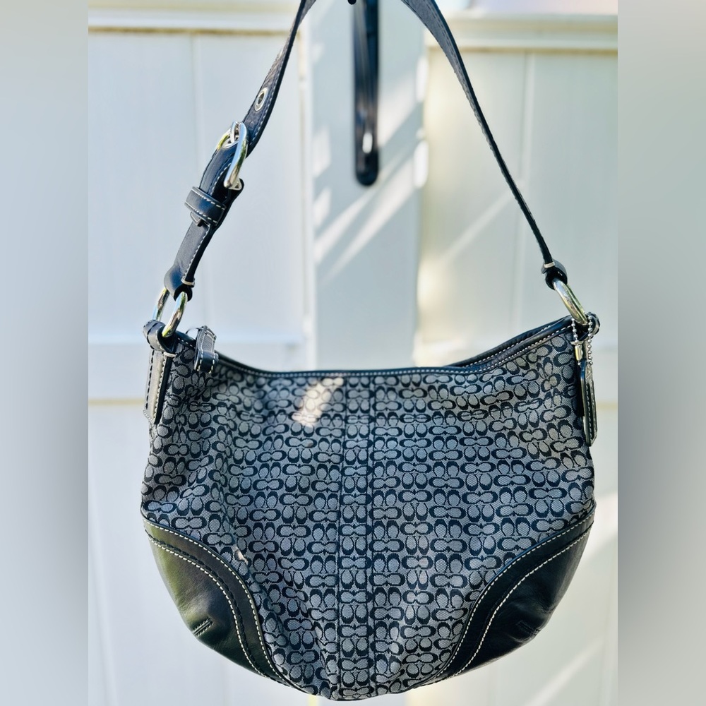 COACH SOHO Signature Canvas Black Leather Baguette Hobo